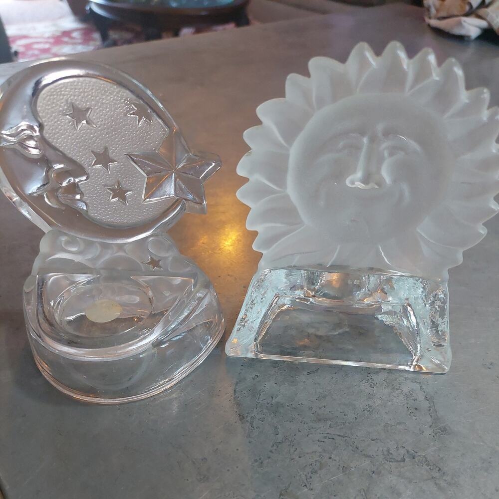 Vintage Glass Celestial Moon Sun Face Stars Candle Holders Frosted PL set - Picture 6 of 6